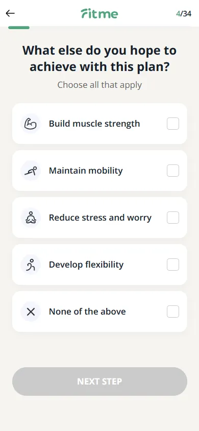 FitMe — 34-question personalization quiz (screen 7)