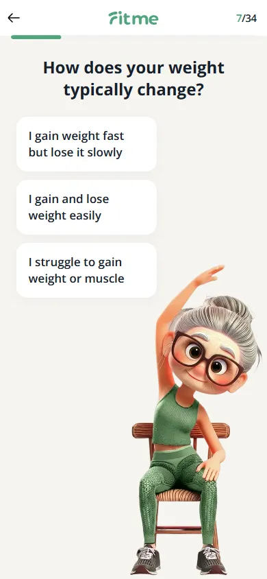 FitMe — 34-question personalization quiz (screen 10)