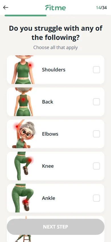 FitMe — 34-question personalization quiz (screen 18)