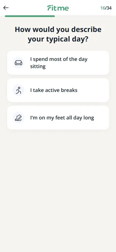 FitMe — 34-question personalization quiz (screen 21)