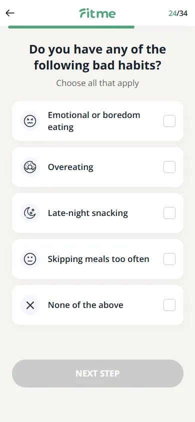 FitMe — 34-question personalization quiz (screen 30)