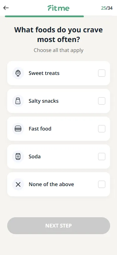 FitMe — 34-question personalization quiz (screen 31)