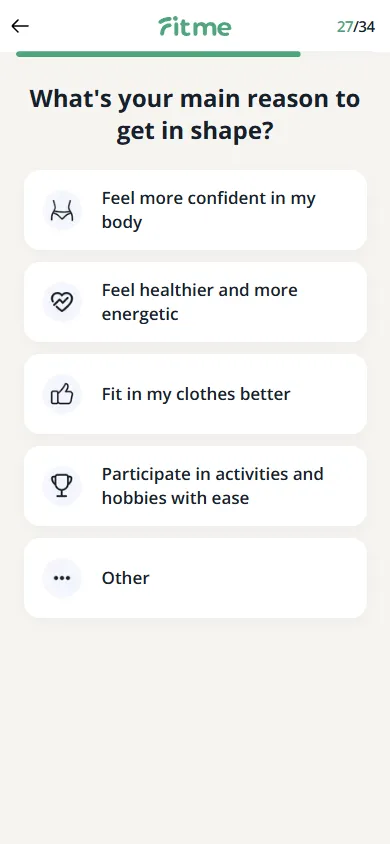 FitMe — 34-question personalization quiz (screen 33)