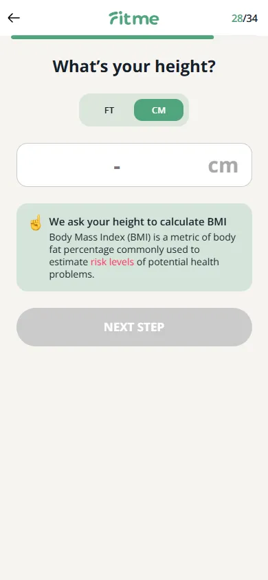 FitMe — 34-question personalization quiz (screen 34)
