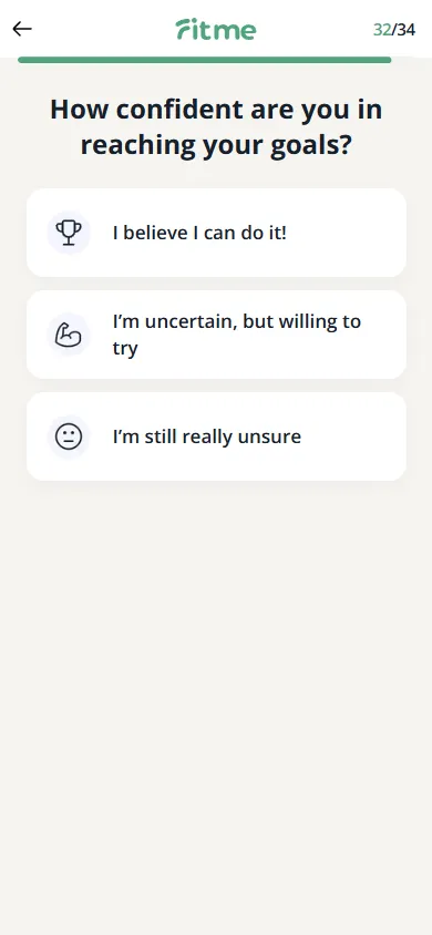 FitMe — 34-question personalization quiz (screen 39)