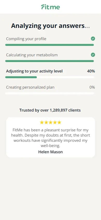 FitMe — 34-question personalization quiz (screen 40)