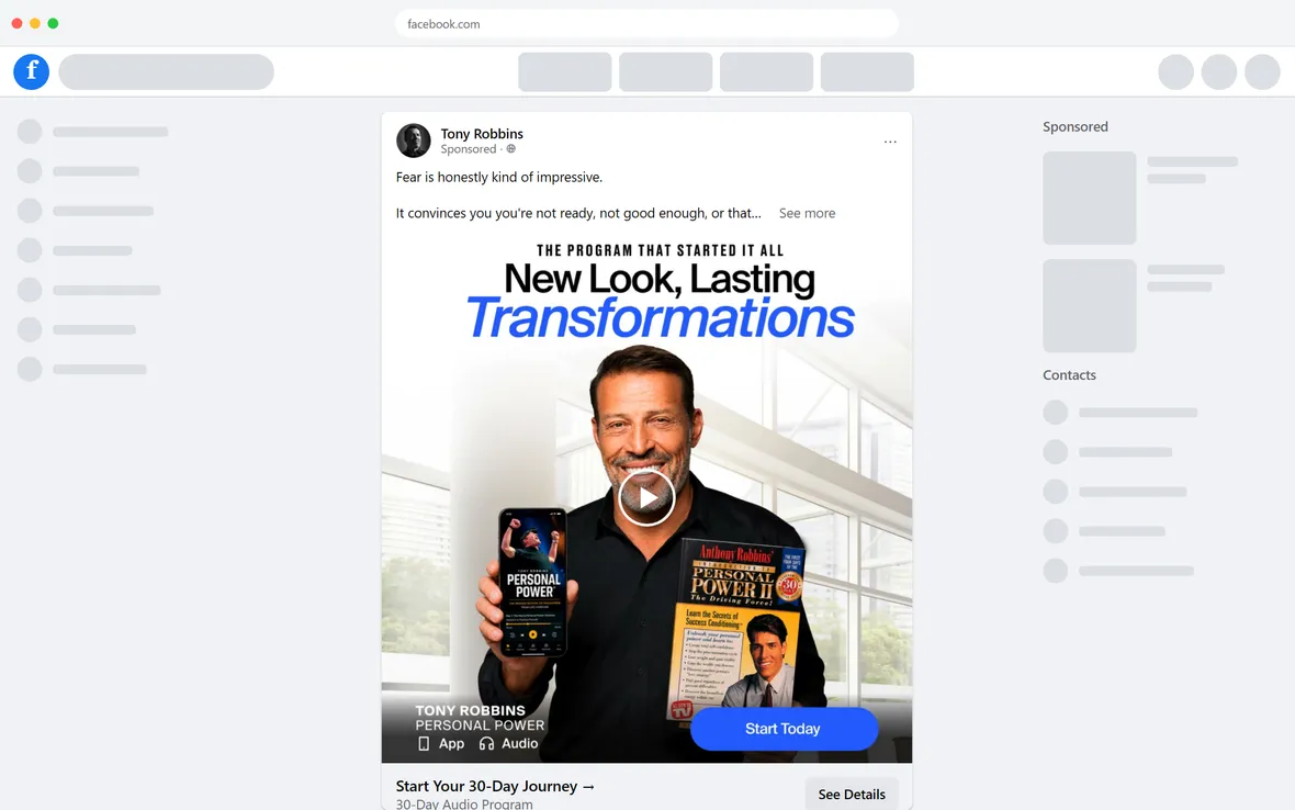Tony Robbins — "Start Your 30-Day Journey" ad (desktop)
