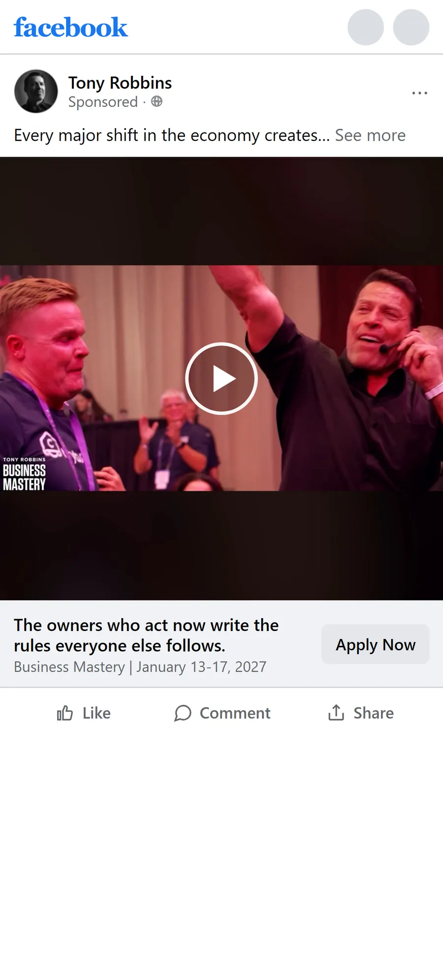 Tony Robbins — "The owners who act now write the rules" video ad (mobile)
