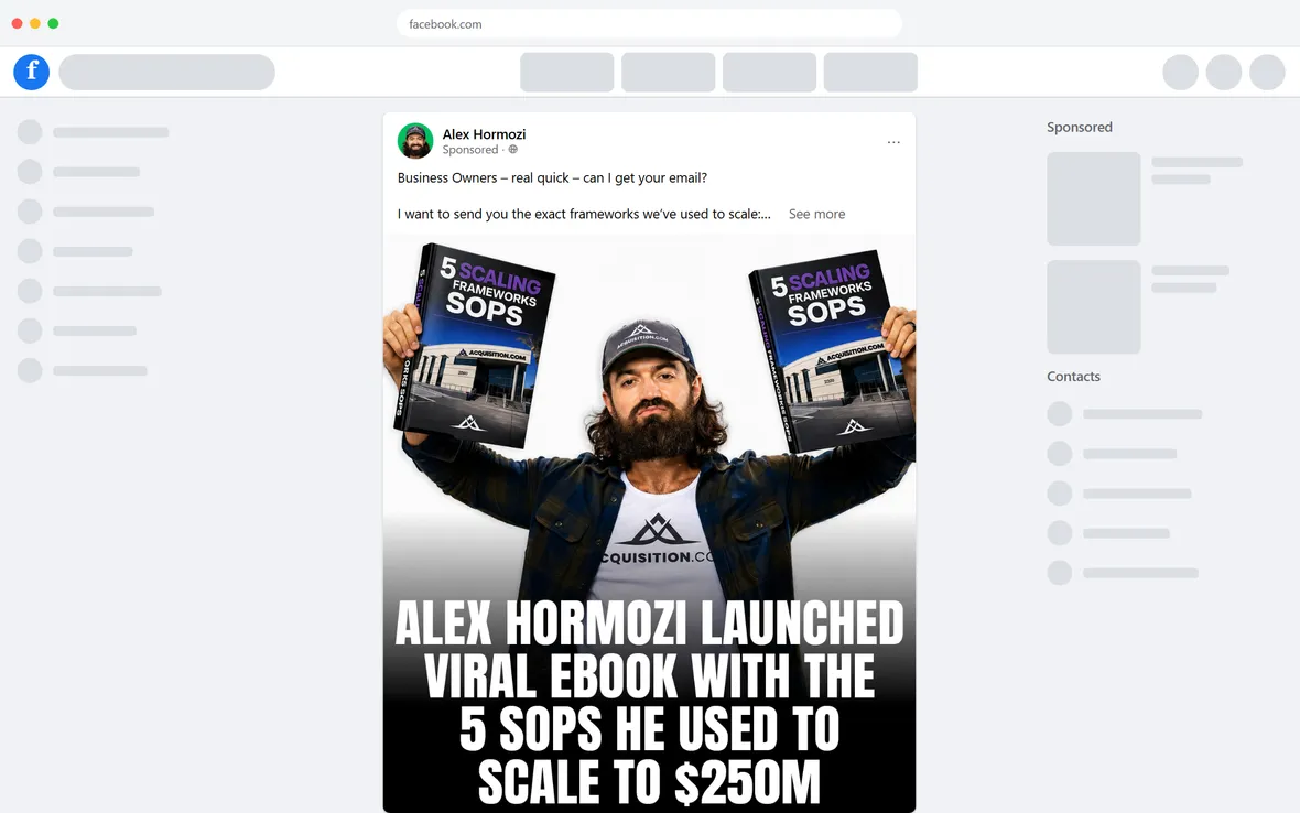 Acquisition.com — "5 Scaling Frameworks" still ad — Alex Hormozi (desktop)