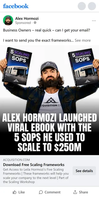 Acquisition.com — "5 Scaling Frameworks" still ad — Alex Hormozi