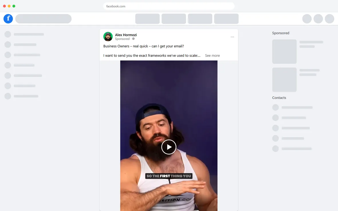 Acquisition.com — "5 Scaling Frameworks" video ad — Alex Hormozi (desktop)