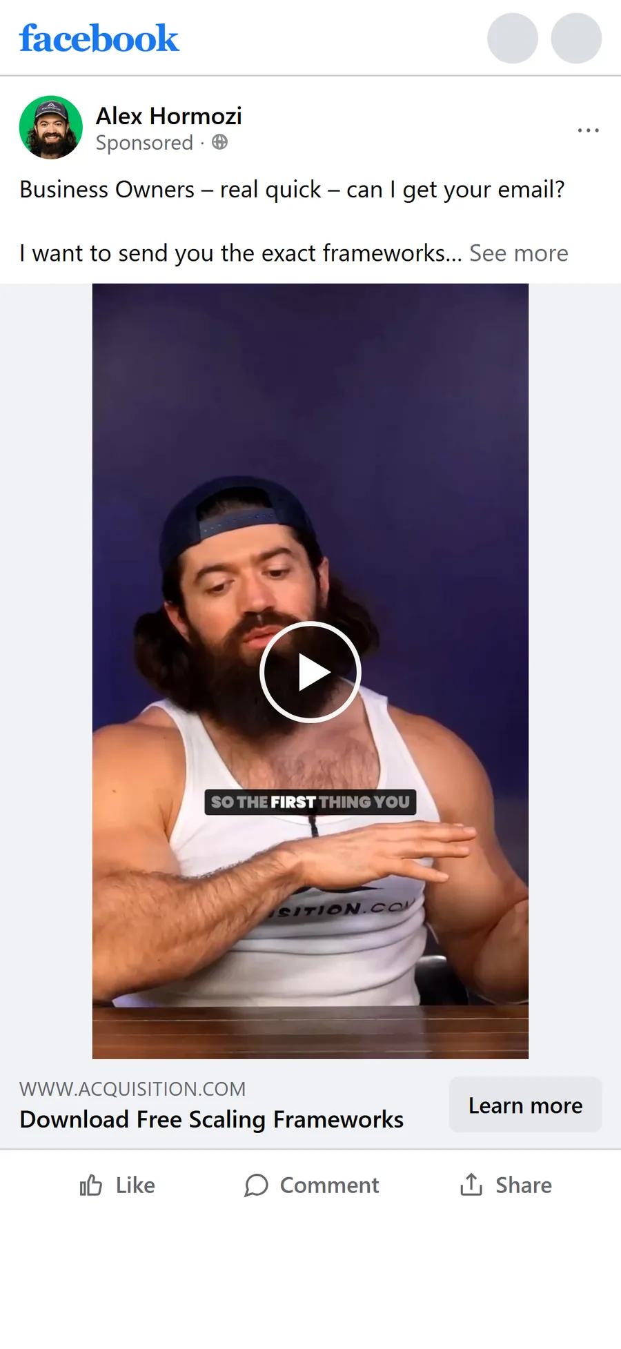 Acquisition.com — "5 Scaling Frameworks" video ad — Alex Hormozi (mobile)