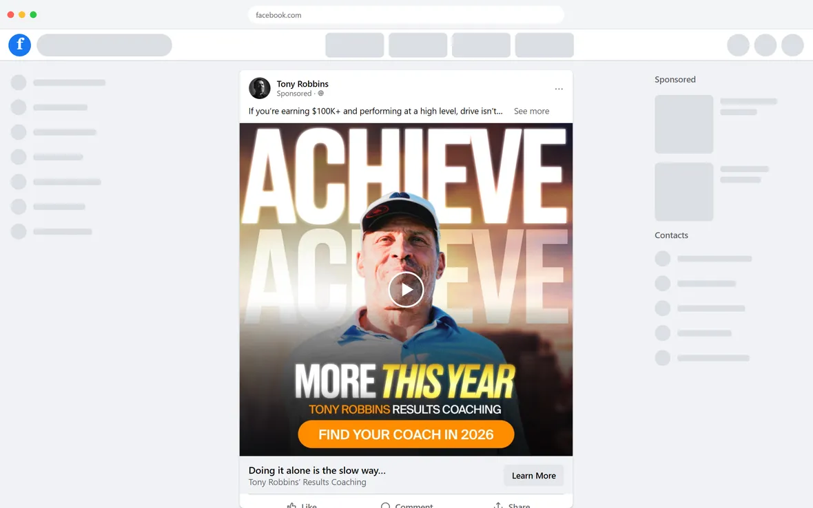Tony Robbins — "Doing it alone is the slow way" ad (desktop)