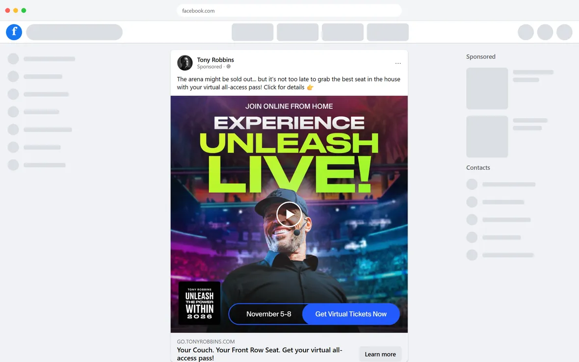 Tony Robbins — "Your Couch. Your Front Row Seat." sold-out ad (desktop)