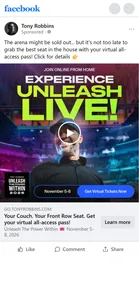 Tony Robbins — "Your Couch. Your Front Row Seat." sold-out ad