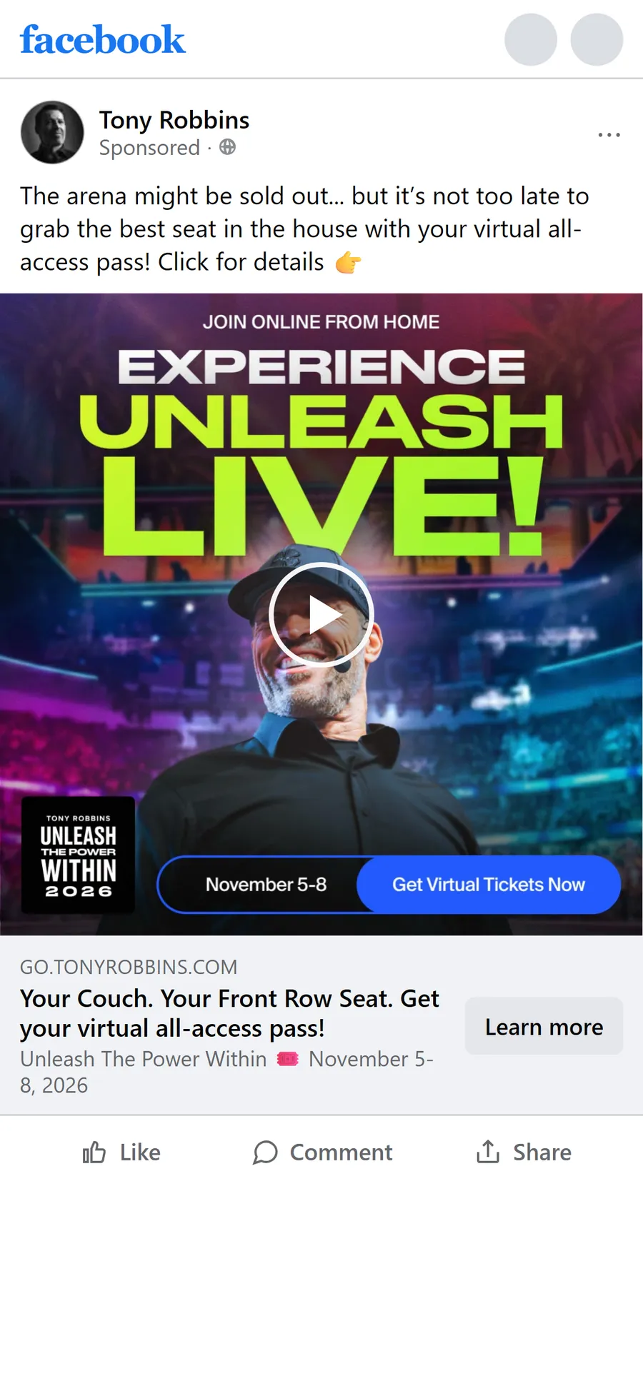 Tony Robbins — "Your Couch. Your Front Row Seat." sold-out ad (mobile)