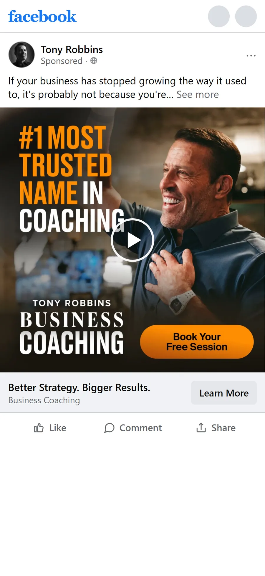 Tony Robbins — "Better Strategy. Bigger Results." ad (mobile)