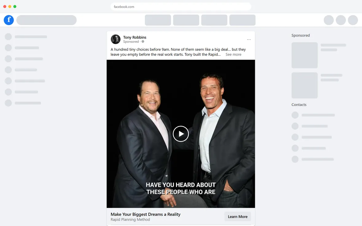 Tony Robbins — "Make Your Biggest Dreams a Reality" ad (desktop)