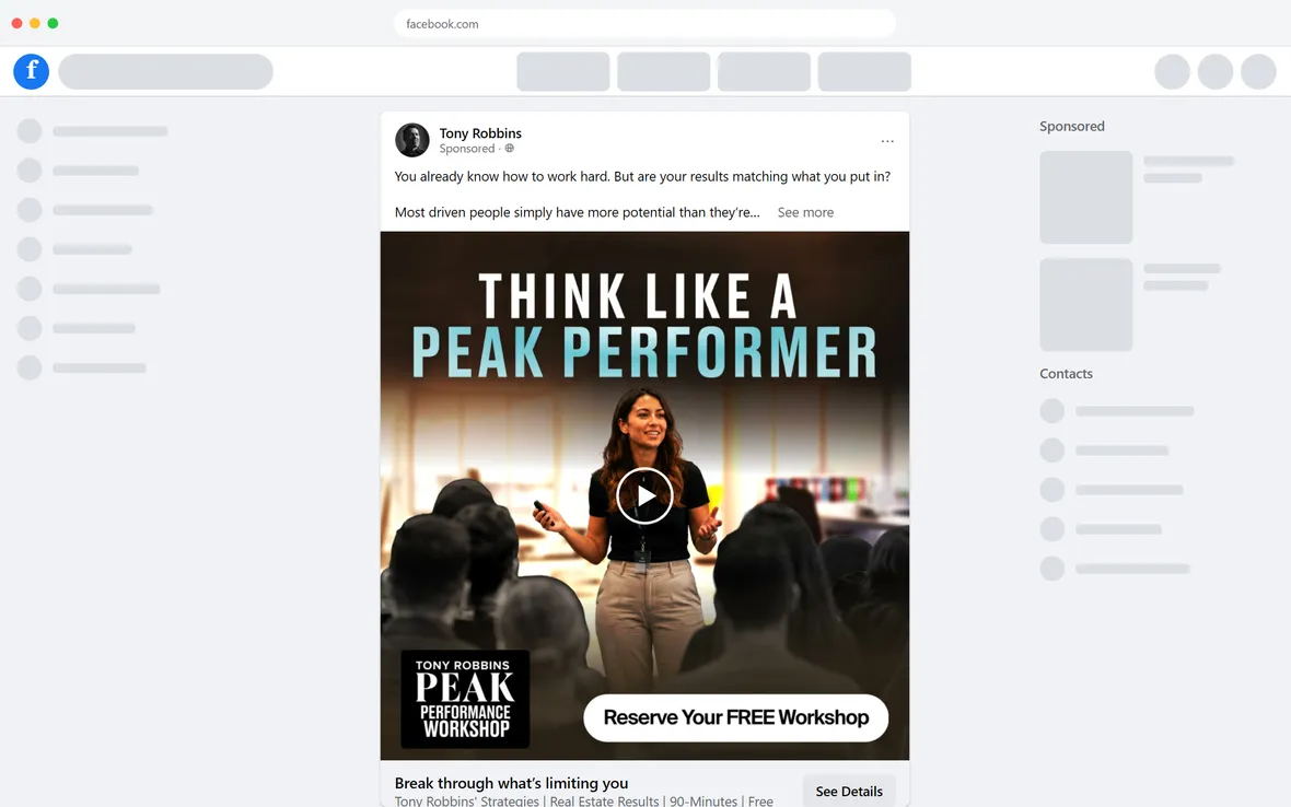 Tony Robbins — "Break through what's limiting you" ad (desktop)