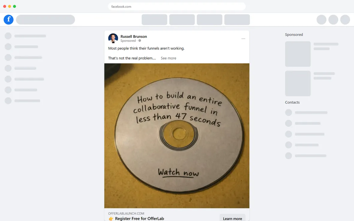 OfferLab — "How to build an entire collaborative funnel in less than 47 seconds" disc ad (desktop)