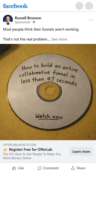 OfferLab — "How to build an entire collaborative funnel in less than 47 seconds" disc ad
