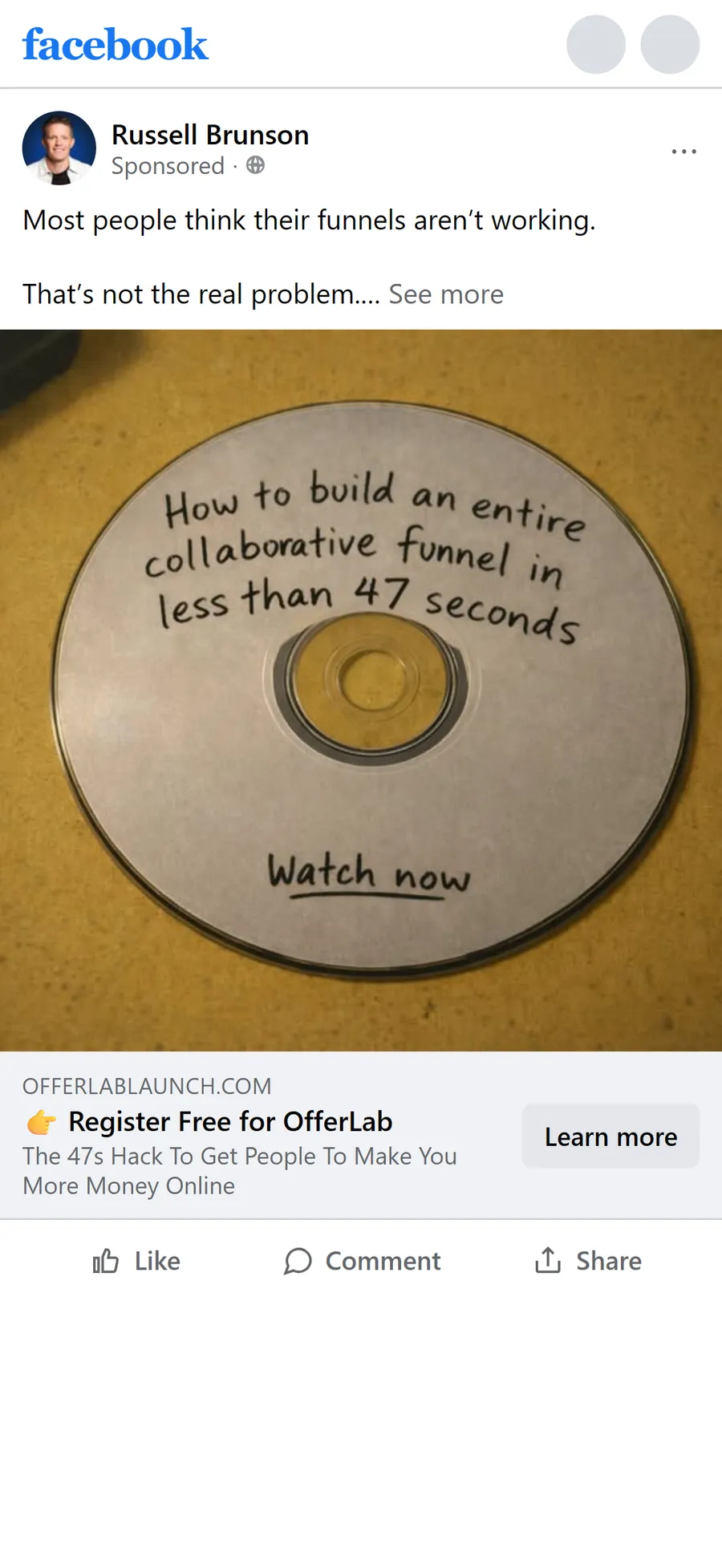 OfferLab — "How to build an entire collaborative funnel in less than 47 seconds" disc ad (mobile)