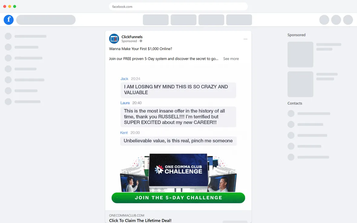 ClickFunnels — "Most insane offer in history" chat-screenshot ad (desktop)