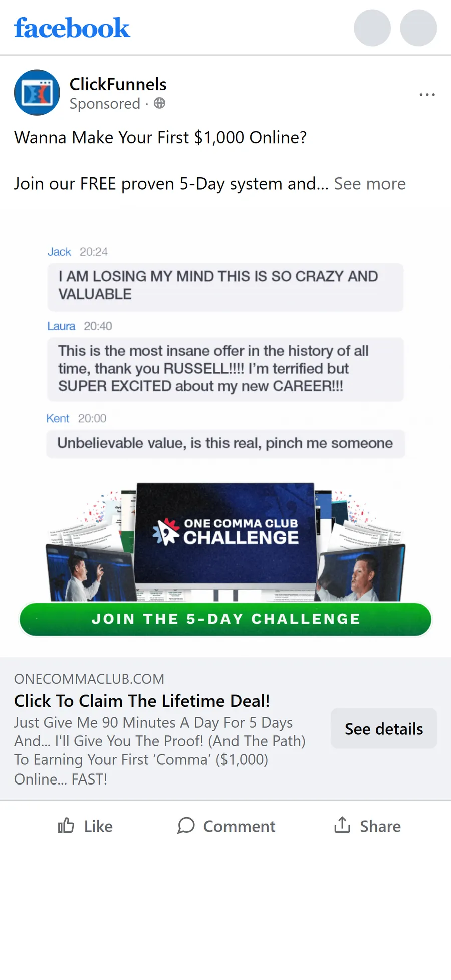 ClickFunnels — "Most insane offer in history" chat-screenshot ad (mobile)