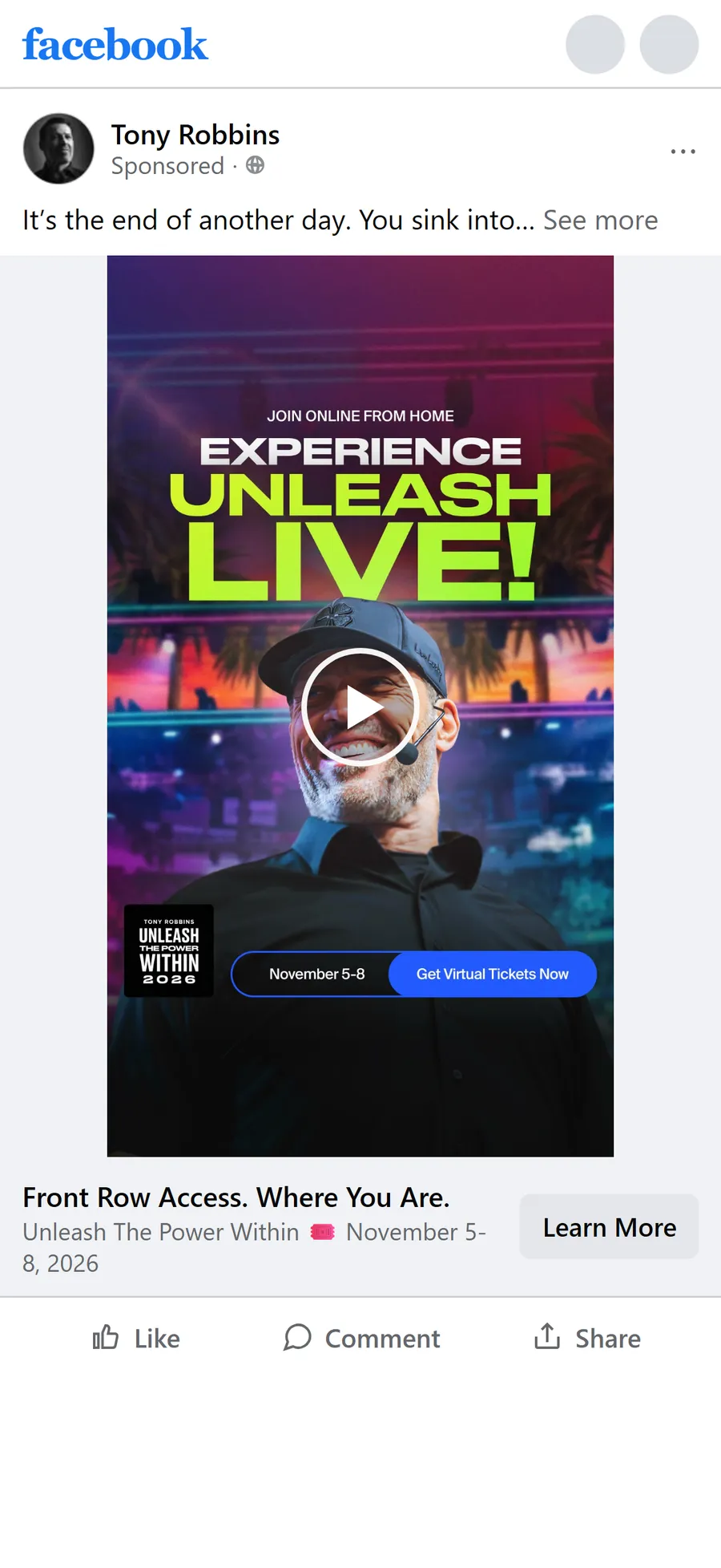 Tony Robbins — "Front Row Access. Where You Are." video ad (mobile)