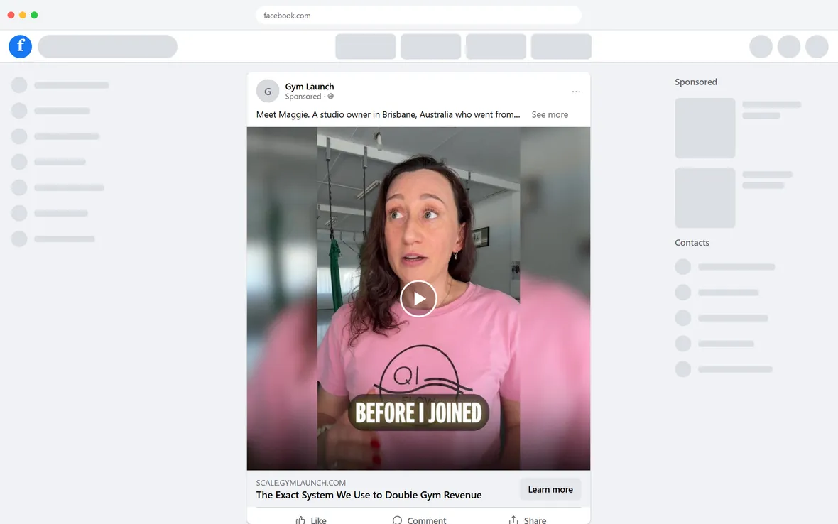 Gym Launch — "Meet Maggie" customer-story video ad (desktop)