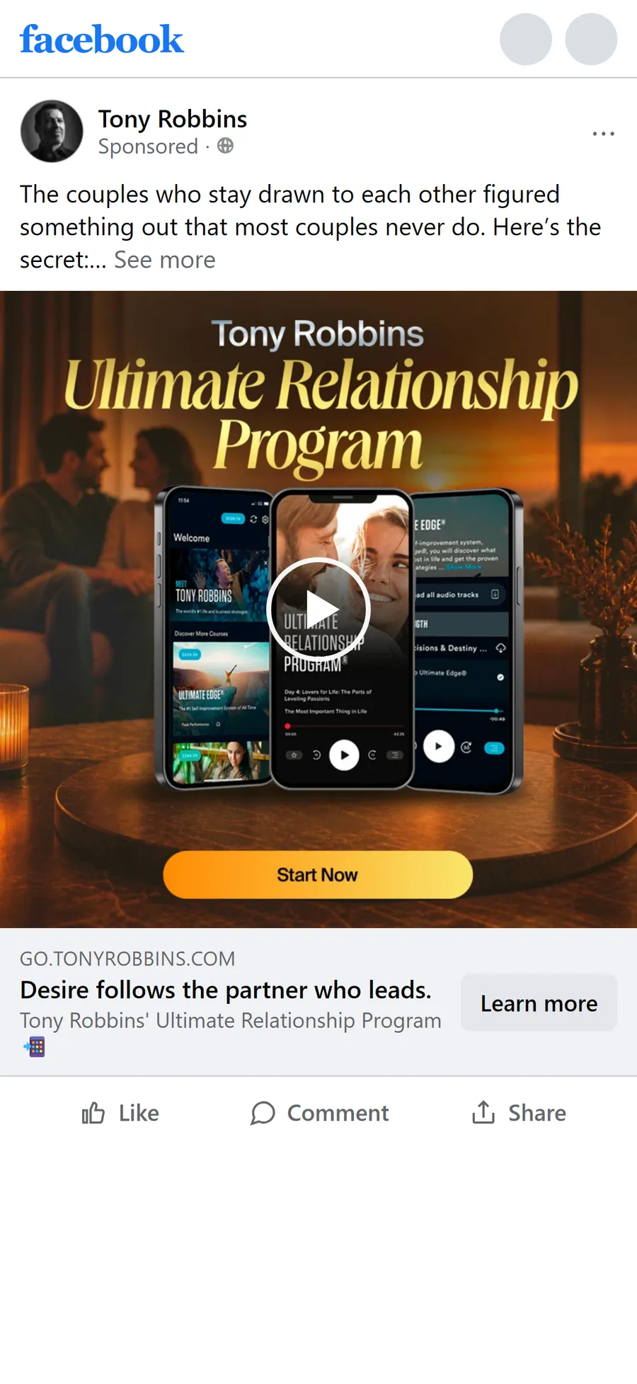 Tony Robbins — "Desire follows the partner who leads" ad (mobile)