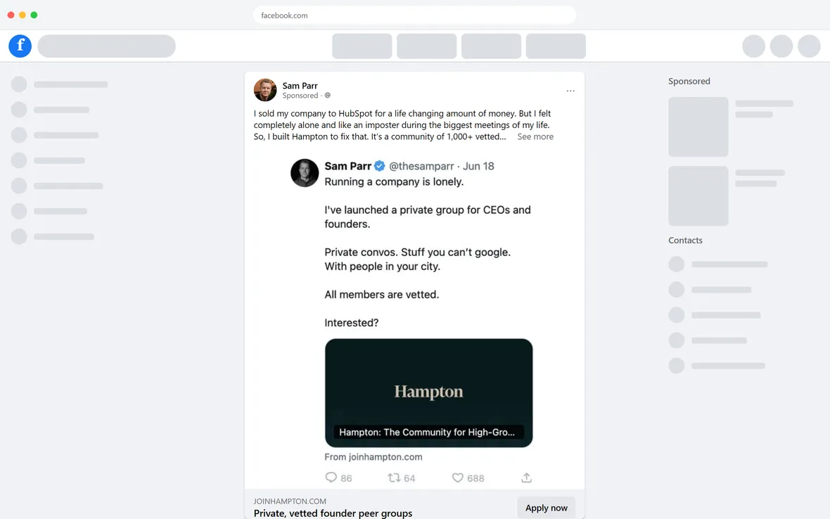 Hampton — "I sold my company to HubSpot… But I felt completely alone" (desktop)