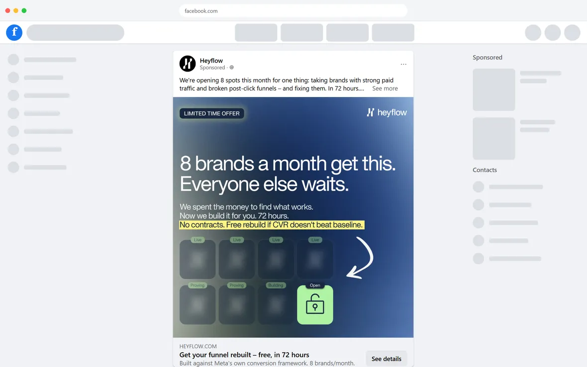 Heyflow — "8 brands a month get this" Meta ad (desktop)