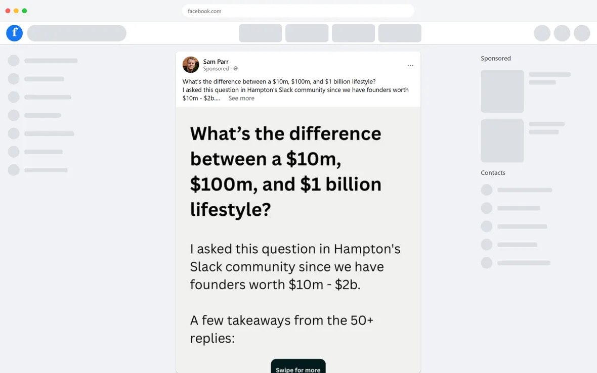 Hampton — "What's the difference between a $10m, $100m, and $1 billion lifestyle?" (desktop)
