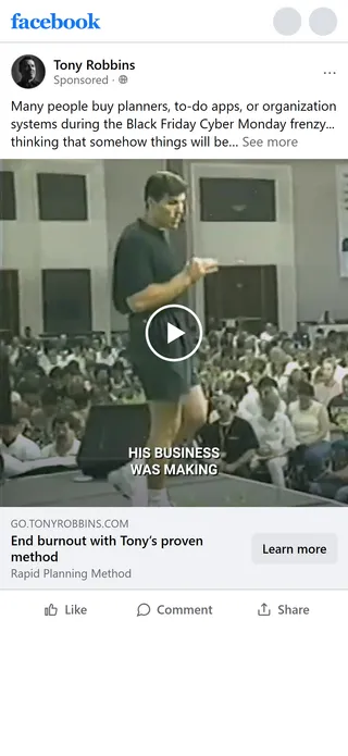 Tony Robbins — "End burnout with Tony's proven method" ad