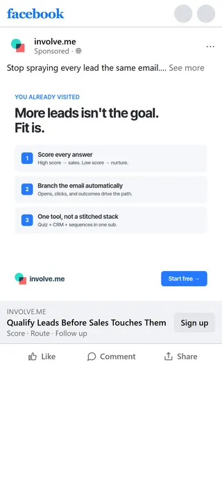 involve.me — "You already visited. More leads isn't the goal. Fit is." (for past visitors)