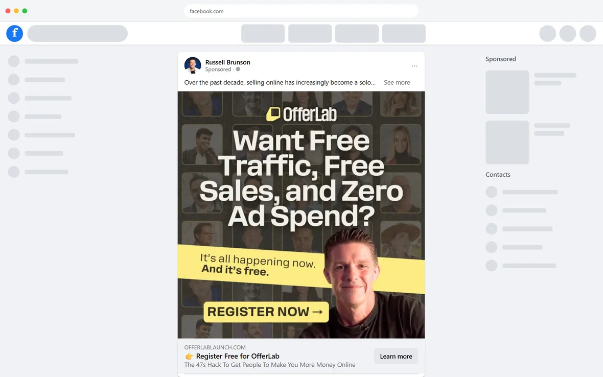 OfferLab — "Want Free Traffic, Free Sales, and Zero Ad Spend?" ad (desktop)
