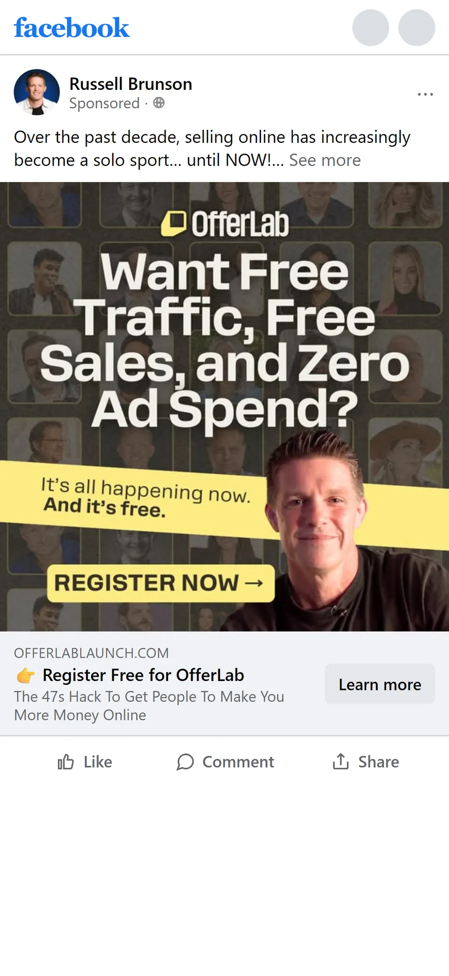 OfferLab — "Want Free Traffic, Free Sales, and Zero Ad Spend?" ad (mobile)