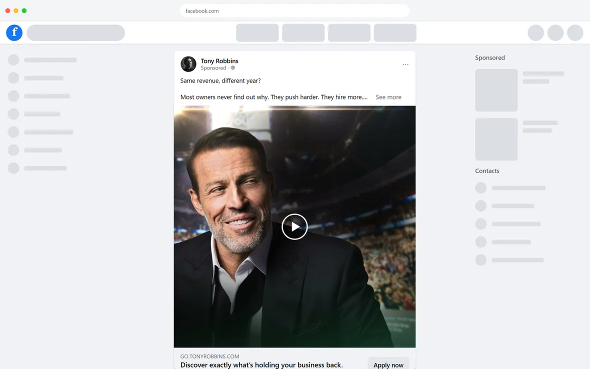 Tony Robbins — "Discover exactly what's holding your business back" ad (desktop)