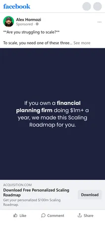 Acquisition.com — "Are you struggling to scale?" still ad