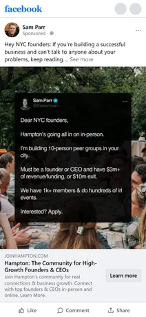 Hampton — "Dear NYC founders, Hampton's going all in on in-person."