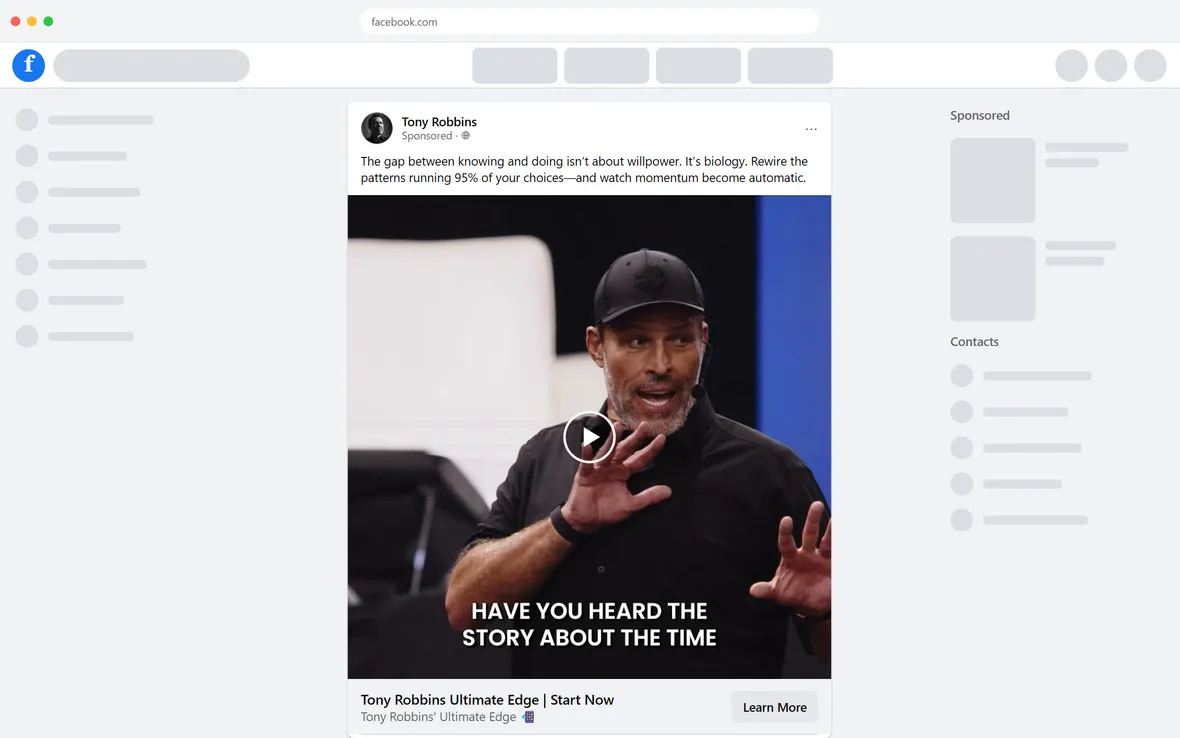Tony Robbins — "Tony Robbins Ultimate Edge | Start Now" ad (desktop)
