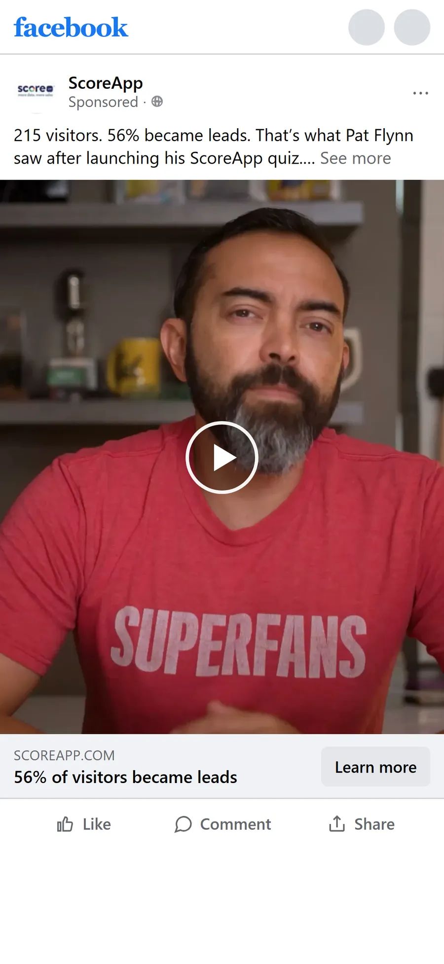 ScoreApp — "215 visitors. 56% became leads." Pat Flynn video ad (mobile)