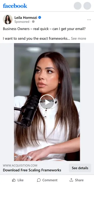 Acquisition.com — "5 Scaling Frameworks" video ad — Leila Hormozi