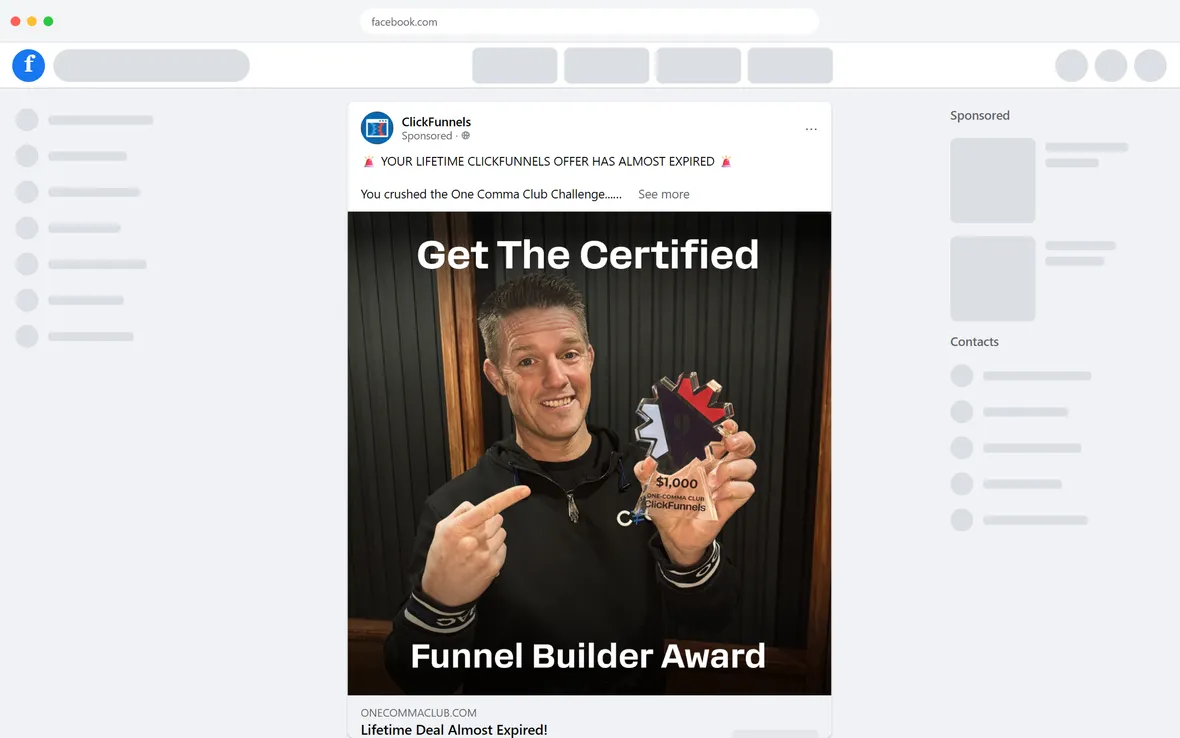 ClickFunnels — "Your lifetime ClickFunnels offer has almost expired" retargeting ad (desktop)