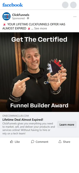 ClickFunnels — "Your lifetime ClickFunnels offer has almost expired" retargeting ad