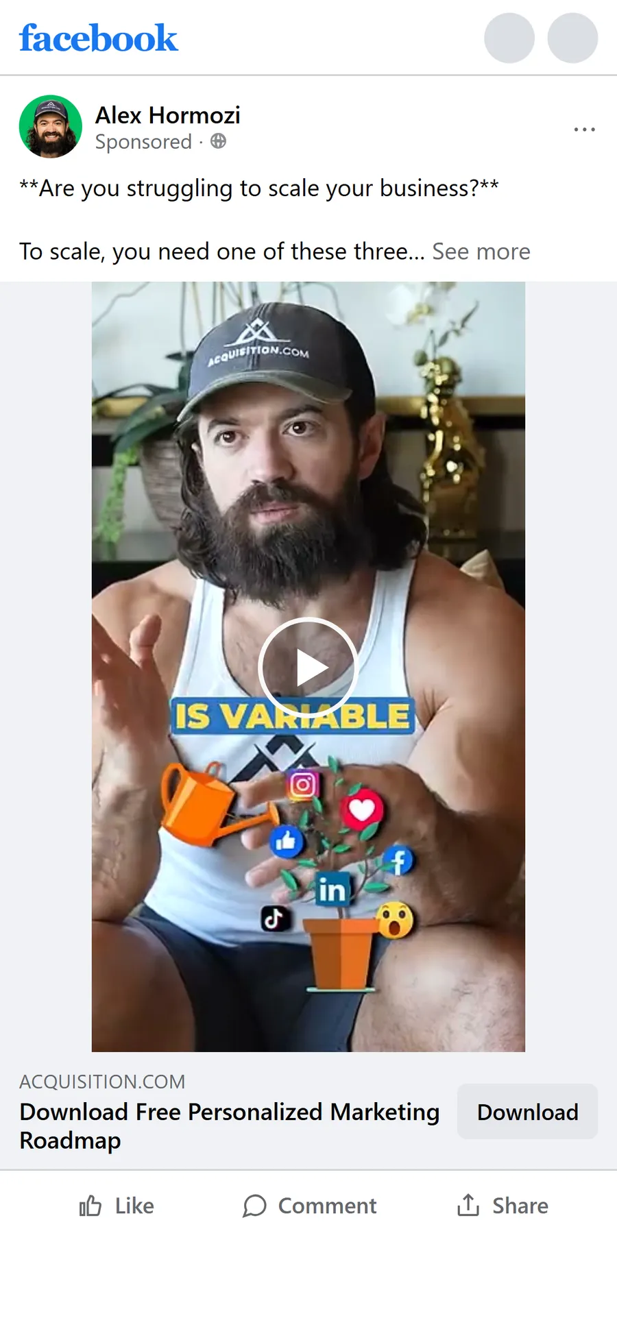 Acquisition.com — "Download Free Personalized Marketing Roadmap" video ad (mobile)