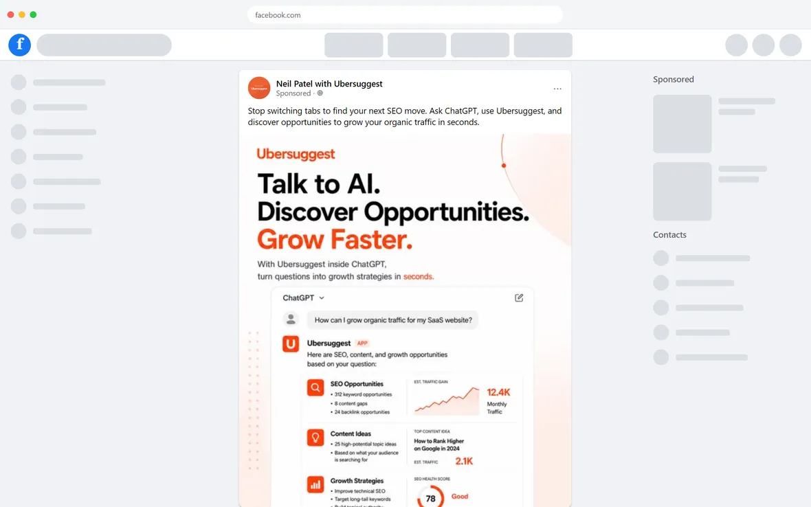 Ubersuggest — "Stop switching tabs to find your next SEO move" (desktop)