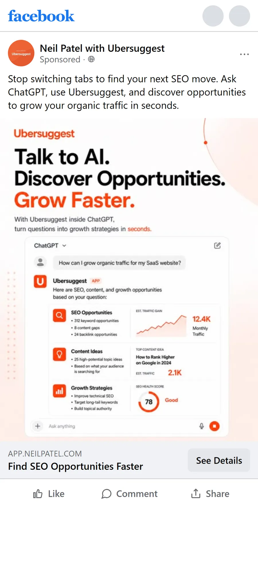 Ubersuggest — "Stop switching tabs to find your next SEO move" (mobile)