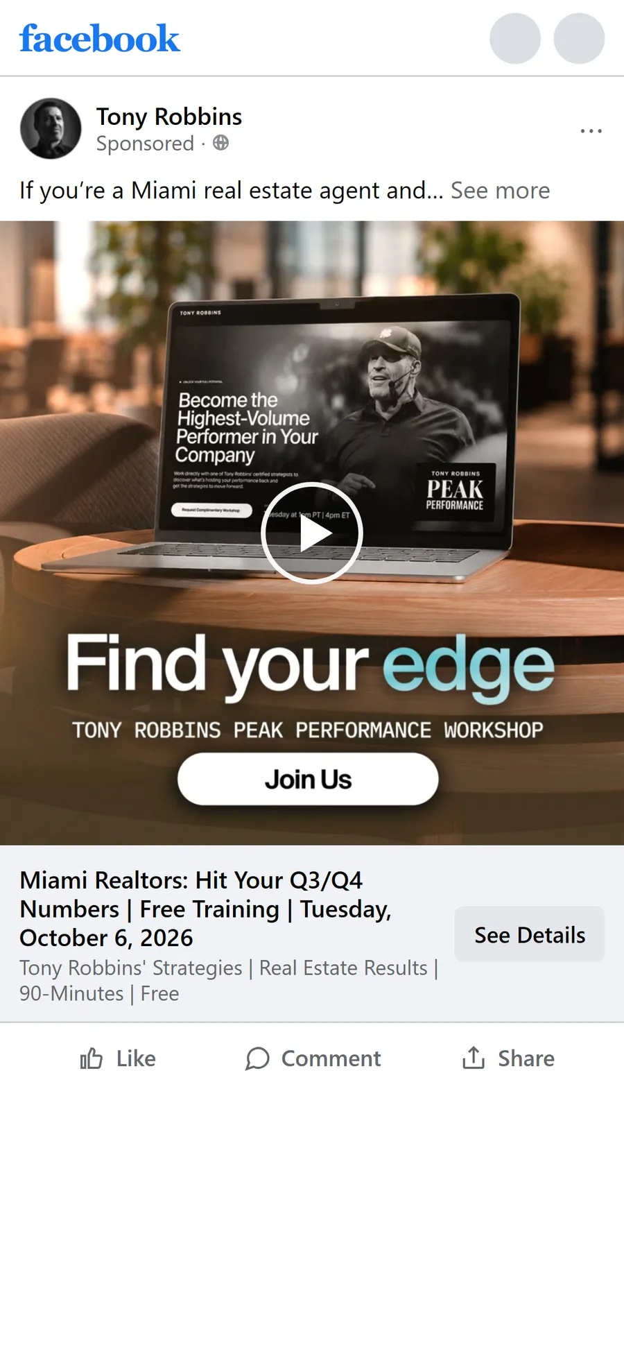 Tony Robbins — "Miami Realtors: Hit Your Q3/Q4 Numbers" ad (mobile)
